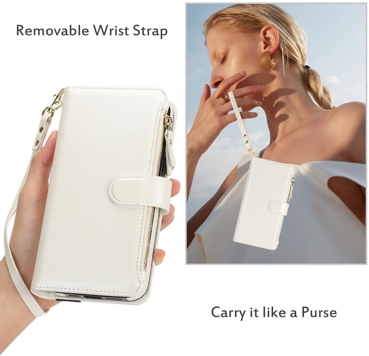 For iPhone 16 Plus Wristband Holder Zipper Purse RFID Leather Phone Case(White) - iPhone 16 Plus Cases by PMC TechLife | Online Shopping South Africa | PMC TechLife | Buy Now Pay Later Mobicred