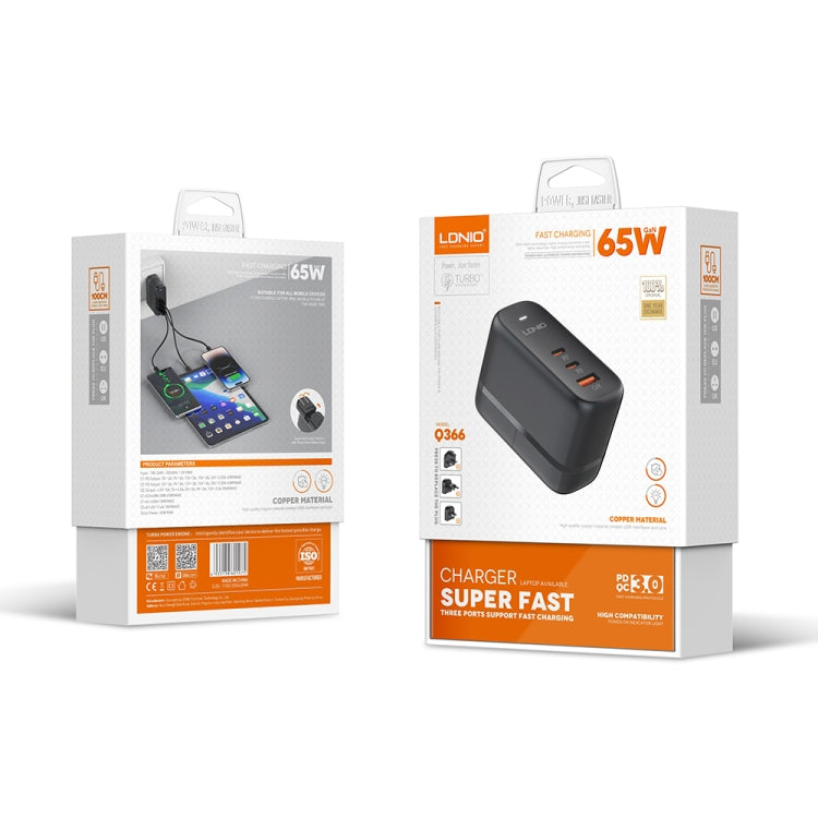 LDNIO Q366 65W USB + Dual Type-C Port Charger with 1m USB-C / Type-C to USB-C / Type-C Data Cable, Plug Type:UK Plug(Black) - free shipping - PMC Jewellery - Order now!