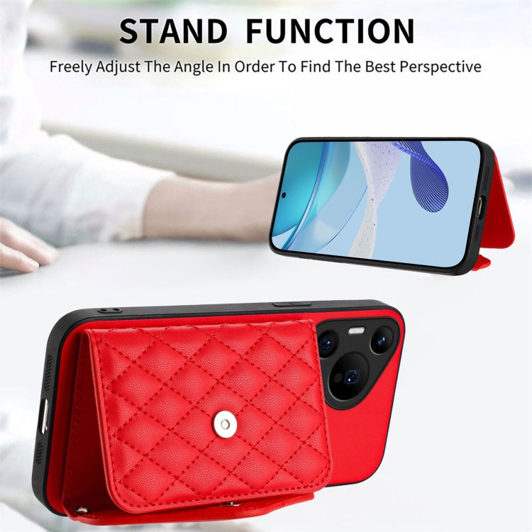For Huawei Pura 70 Pro / 70 Pro+ Rhombic Texture Card Bag RFID Phone Case with Long Lanyard(Red) - Huawei Cases by PMC Jewellery | Online Shopping South Africa | PMC Jewellery | Buy Now Pay Later Mobicred