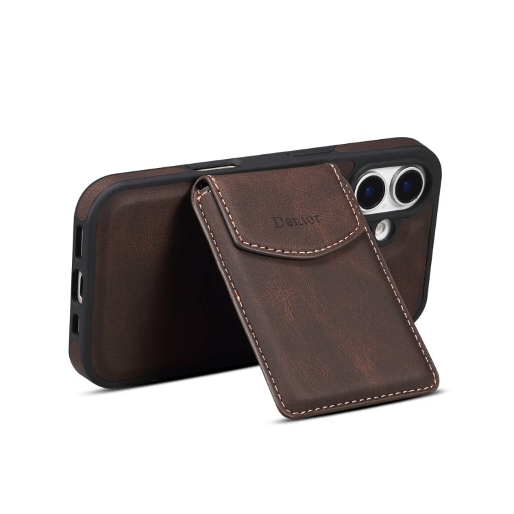 For iPhone 16 Denior D20 Skin Feel MagSafe Holder Detachable Card Slot Phone Case(Brown) - free shipping - PMC Jewellery - Order now!