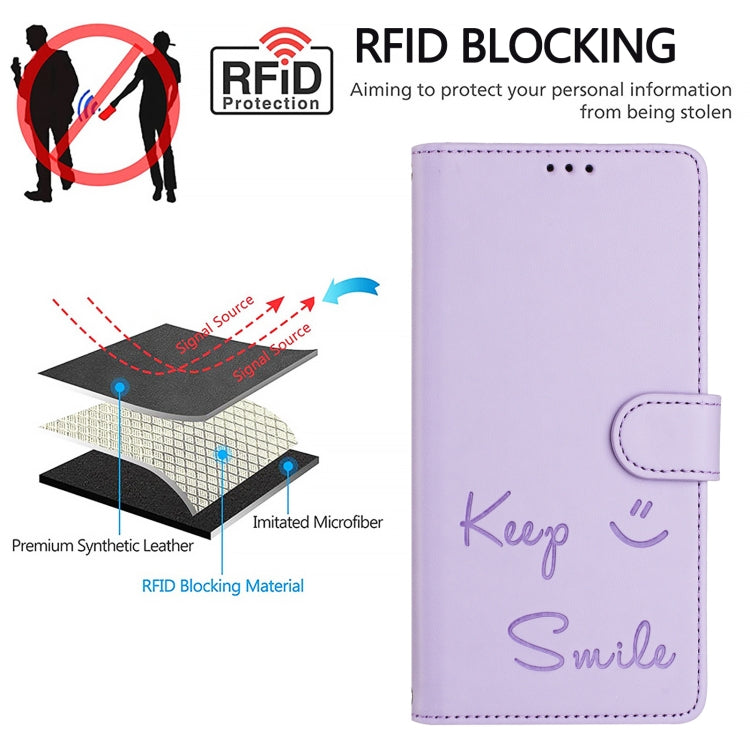For iPhone 16e Smile Embossing RFID Leather Phone Case(Light Purple) - iPhone 16e Cases by PMC TechLife | Online Shopping South Africa | PMC TechLife | Buy Now Pay Later Mobicred