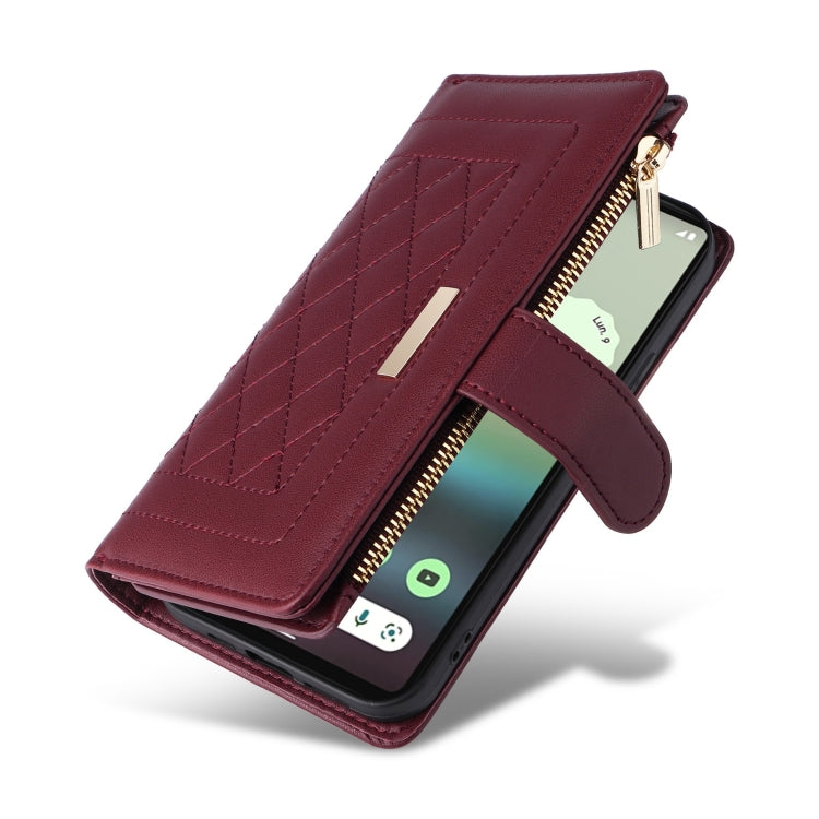 For Google Pixel 7a Crossbody Zipper Wallet Rhombus Leather Phone Case(Wine Red) - Google Cases by PMC TechLife | Online Shopping South Africa | PMC TechLife | Buy Now Pay Later Mobicred