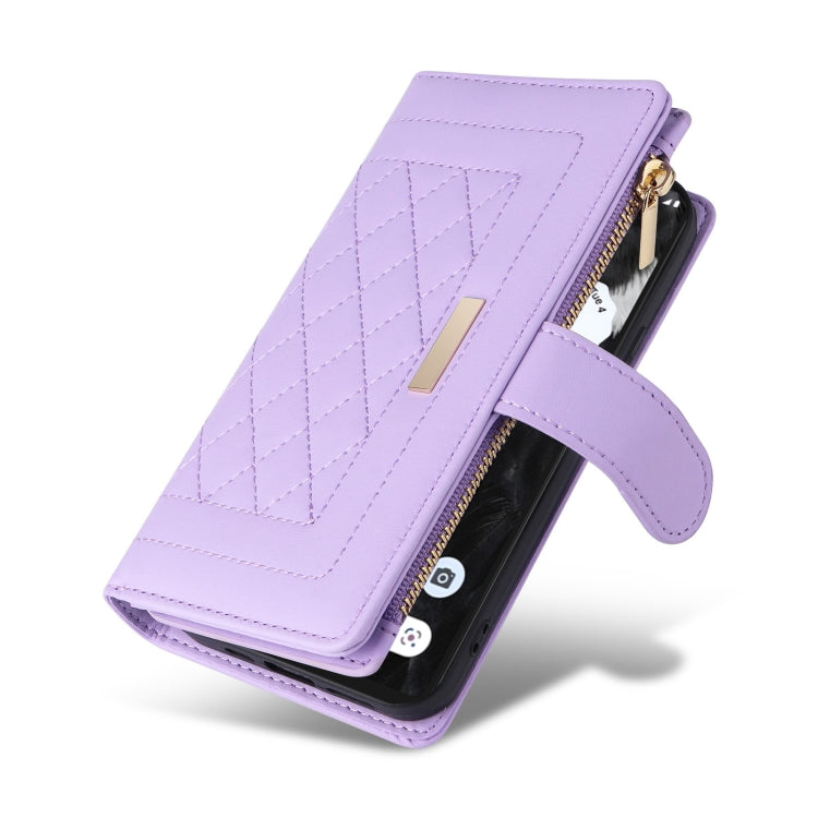 For Google Pixel 7 Pro Crossbody Zipper Wallet Rhombus Leather Phone Case(Purple) - Google Cases by PMC TechLife | Online Shopping South Africa | PMC TechLife | Buy Now Pay Later Mobicred