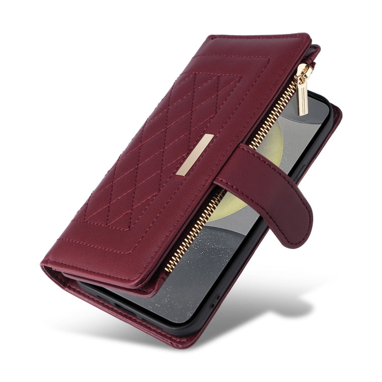 For Samsung Galaxy S24+ 5G Crossbody Zipper Wallet Rhombus Leather Phone Case(Wine Red) - Galaxy S24+ 5G Cases by PMC Jewellery | Online Shopping South Africa | PMC Jewellery | Buy Now Pay Later Mobicred