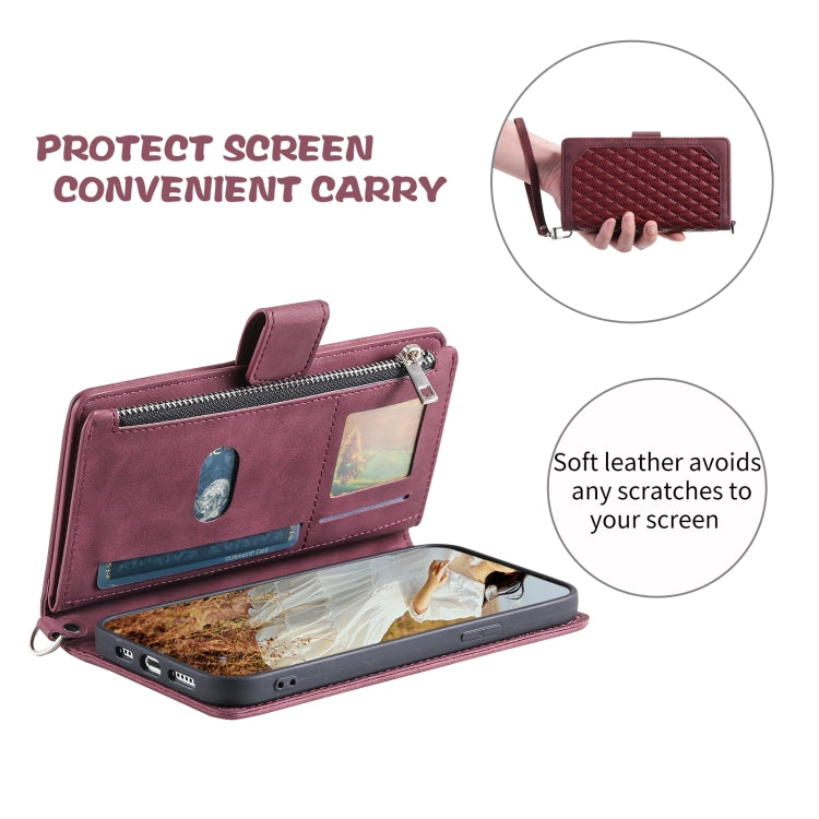 For Samsung Galaxy S25+ 5G Grid Texture Zipper Leather Phone Case with Lanyard(Wine Red) - Galaxy S25+ 5G Cases by PMC Jewellery | Online Shopping South Africa | PMC Jewellery | Buy Now Pay Later Mobicred