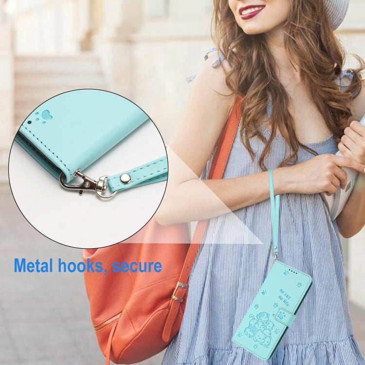 For Motorola Moto G Play 4G 2024 Embossed Kitten Phone Leather Case with Lanyard(Mint Green) - Motorola Cases by PMC Jewellery | Online Shopping South Africa | PMC Jewellery | Buy Now Pay Later Mobicred
