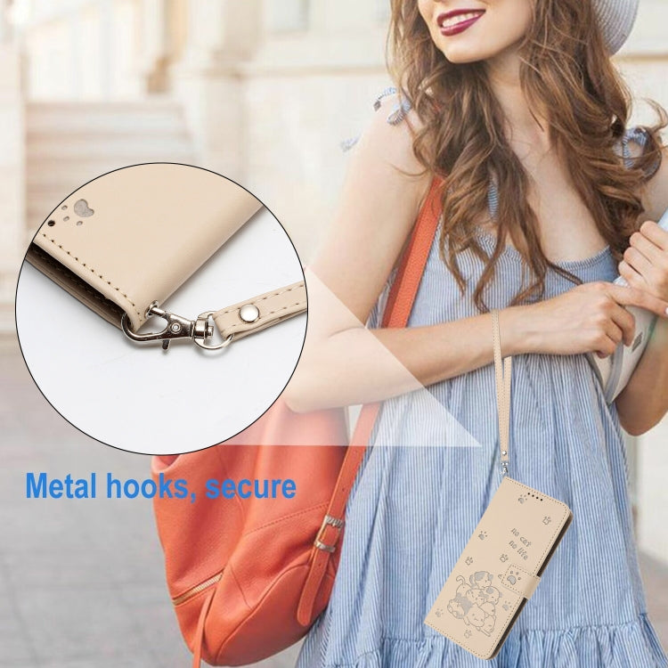 For Samsung Galaxy S25+ / S24+ 5G Embossed Kitten Phone Leather Case with Lanyard(Beige) - Galaxy S24+ 5G Cases by PMC TechLife | Online Shopping South Africa | PMC TechLife | Buy Now Pay Later Mobicred