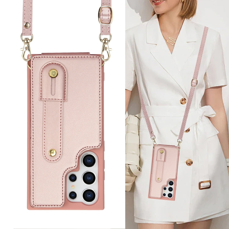 For Samsung Galaxy S25 Ultra 5G Wristband Vertical Flip Wallet Back Cover Phone Case with Long Lanyard(Rose Gold) - Galaxy S25 Ultra 5G Cases by PMC TechLife | Online Shopping South Africa | PMC TechLife | Buy Now Pay Later Mobicred