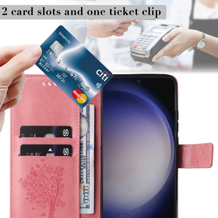 For Samsung Galaxy S25 / S24 5G Tree & Cat Embossed Pattern Flip Leather Phone Case(Pink) - free shipping - PMC Jewellery - Order now!