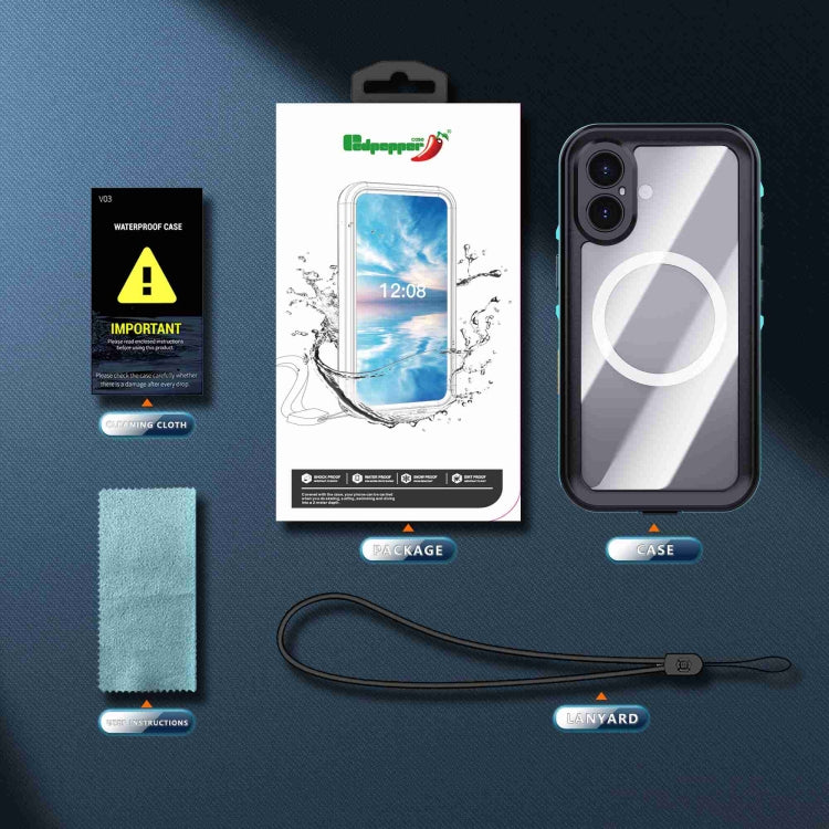 For iPhone 16 Plus RedPepper Transparent Dot IP68 Waterproof Triple-proof MagSafe Phone Case(Black Blue) - free shipping - PMC Jewellery - Order now!