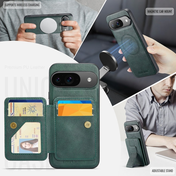For Google Pixel 9 / 9 Pro Fierre Shann Cowhide Horizontal Flip Magnetic Card Holder Phone Case(Green) - Google Cases by FIERRE SHANN | Online Shopping South Africa | PMC TechLife | Buy Now Pay Later Mobicred