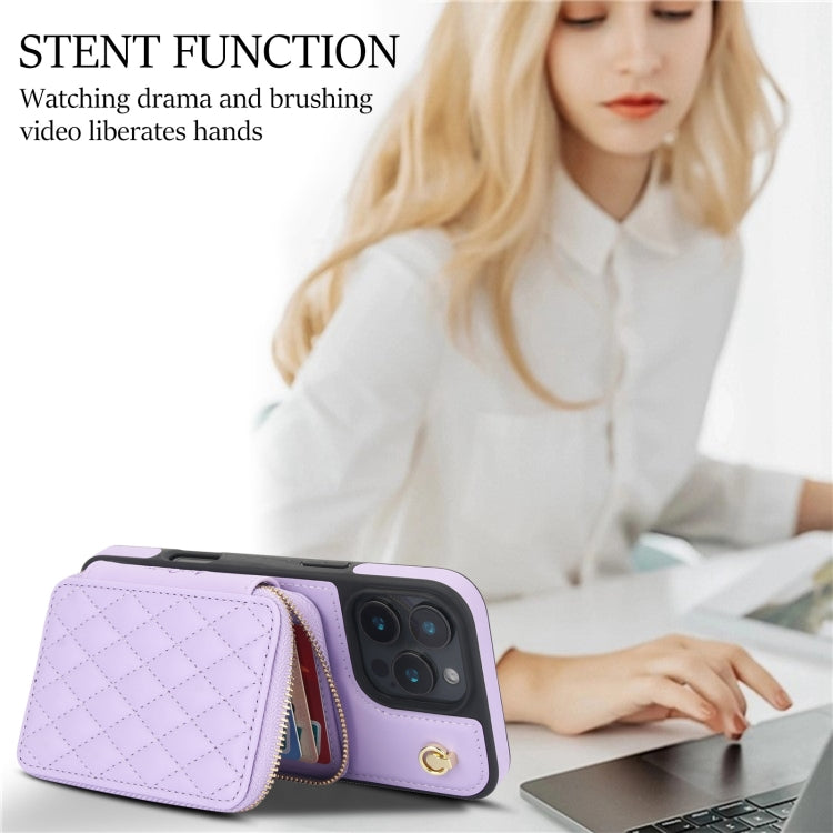 For iPhone 16 Pro Max AwQuer Crossbody Zipper Wallet Rhombic Leather Back Phone Case(Purple) - free shipping - PMC Jewellery - Order now!