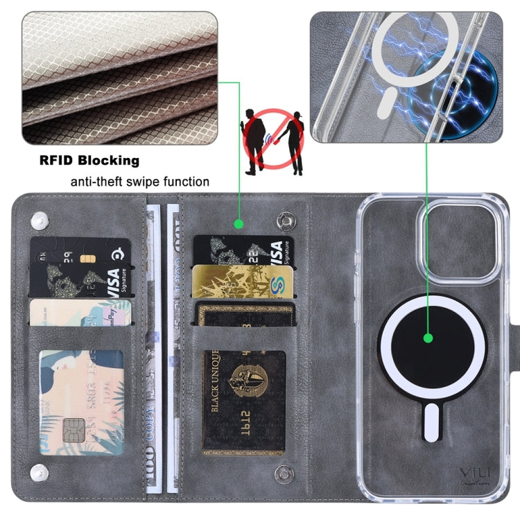 For iPhone 16 ViLi GVS-C Series MagSafe Magnetic RFID Leather Flip Phone Case(Grey) - free shipping - PMC Jewellery - Order now!