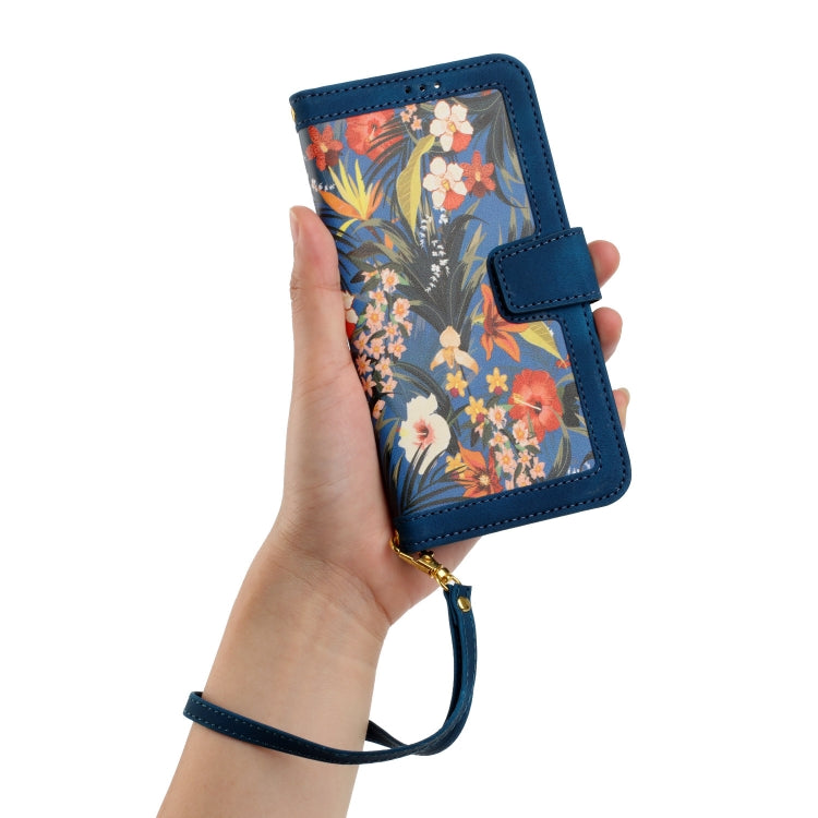 For Samsung Galaxy S25 Ultra 5G Floral Pattern Leather Phone Case with Lanyard(Dark Blue) - Galaxy S25 Ultra 5G Cases by PMC Jewellery | Online Shopping South Africa | PMC Jewellery | Buy Now Pay Later Mobicred