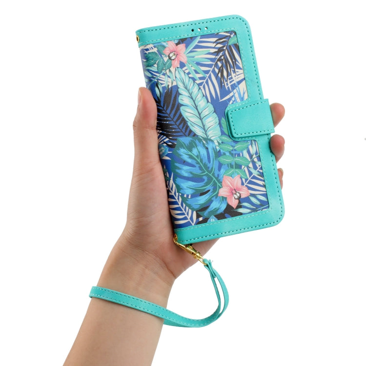 For Samsung Galaxy S25 5G Floral Pattern Leather Phone Case with Lanyard(Green) - Galaxy S25 5G Cases by PMC Jewellery | Online Shopping South Africa | PMC Jewellery | Buy Now Pay Later Mobicred