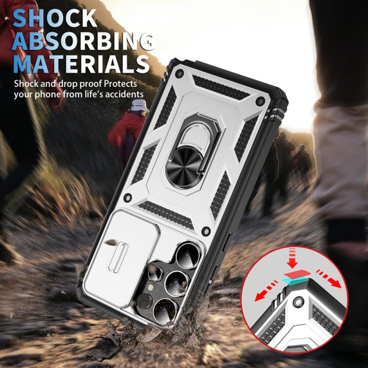 For Samsung Galaxy S25 Ultra 5G Sliding Camshield TPU Hybrid PC Phone Case with Holder(White+Black) - Galaxy S25 Ultra 5G Cases by PMC Jewellery | Online Shopping South Africa | PMC Jewellery | Buy Now Pay Later Mobicred