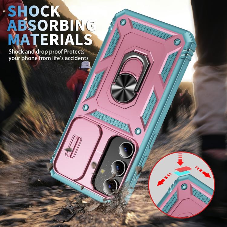 For Samsung Galaxy S25+ 5G Sliding Camshield TPU Hybrid PC Phone Case with Holder(Pink+Green) - Galaxy S25+ 5G Cases by PMC Jewellery | Online Shopping South Africa | PMC Jewellery | Buy Now Pay Later Mobicred