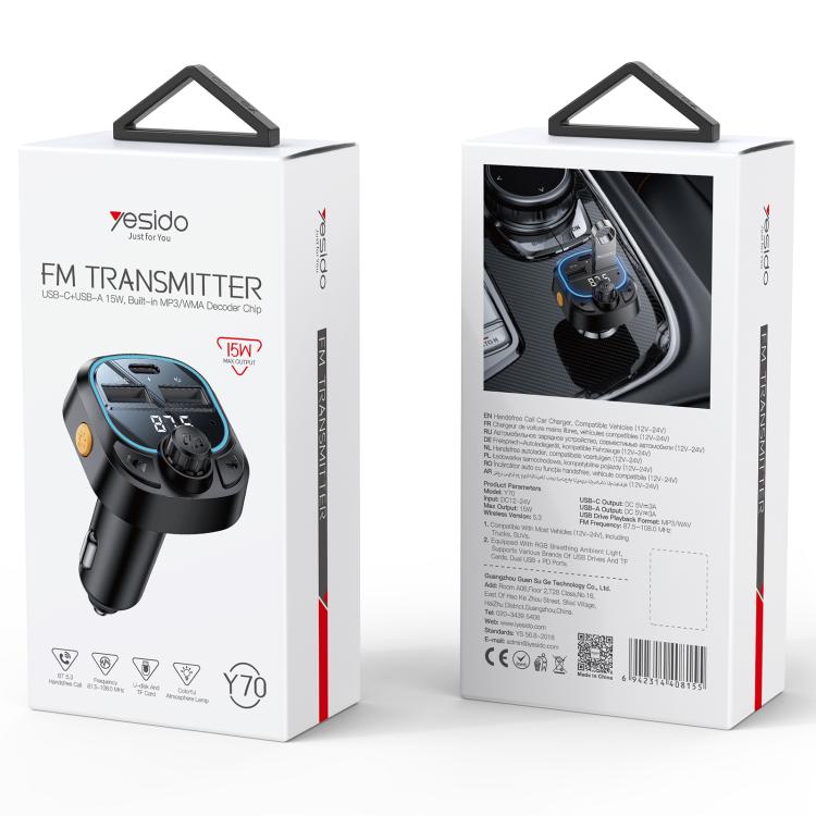 Yesido Y70 Car Bluetooth FM Transmitter(Black) - Bluetooth Car Kits by Yesido | Online Shopping South Africa | PMC TechLife | Buy Now Pay Later Mobicred