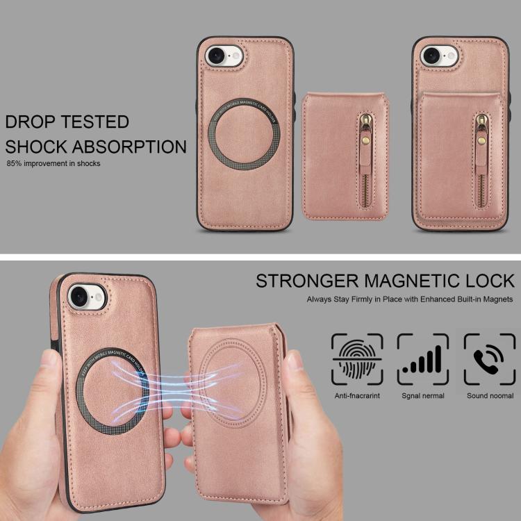 For iPhone 16e Zipper Wallet Split MagSafe Leather Back Phone Case(Rose Gold) - iPhone 16e Cases by PMC TechLife | Online Shopping South Africa | PMC TechLife | Buy Now Pay Later Mobicred