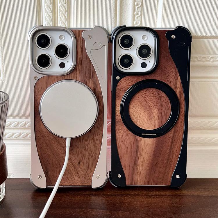 For iPhone 16 Pro Max Walnut Metal Frameless 360 Degree Rotation Holder MagSafe Phone Case(Silver) - free shipping - PMC TechLife - Order now!