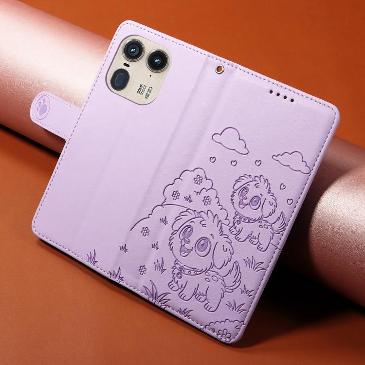 For Motorola Edge 50 Ultra 5G Embossed Heart Dog RFID Blocking Wallet Leather Phone Case(Purple) - free shipping - PMC TechLife - Order now!