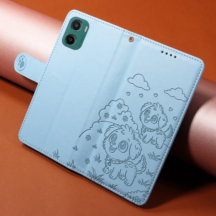 For Motorola Moto G05 / E15 Embossed Heart Dog RFID Blocking Wallet Leather Phone Case(Sky Blue) - free shipping - PMC TechLife - Order now!