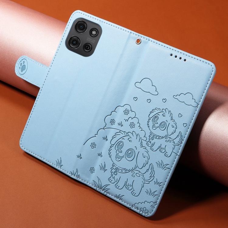 For Motorola Moto G75 5G Embossed Heart Dog RFID Blocking Wallet Leather Phone Case(Sky Blue) - free shipping - PMC TechLife - Order now!