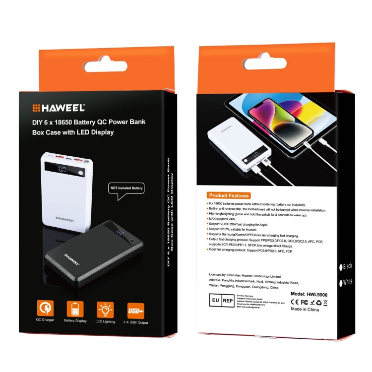 HAWEEL DIY 6 x 18650 Battery 24W Fast Charge Power Bank Box Case with Display, Not Include Battery (White) - free shipping - PMC Jewellery - Order now!
