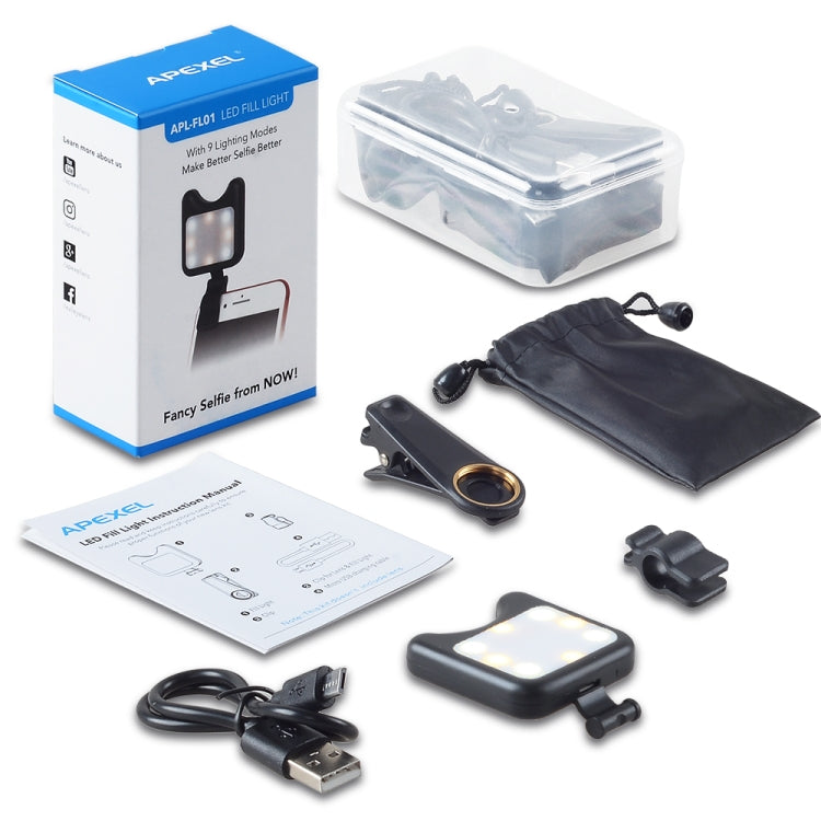 APEXEL APL-FL01 Universal Phone Camera Lens Selfie LED Fill Light with Clip, For iPhone, Samsung, Huawei, Xiaomi, HTC and Other Smartphones(Black) - free shipping - PMC TechLife - Order now!