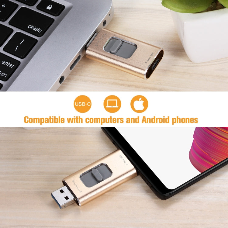 Richwell 3 in 1 64G Type-C + 8 Pin + USB 3.0 Metal Push-pull Flash Disk with OTG Function(Gold) - free shipping - PMC Jewellery - Order now!