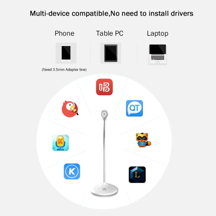 BK Desktop Gooseneck Adjustable USB Wired Audio Microphone, Built-in Sound Card, Compatible with PC / Mac for Live Broadcast, Show, KTV, etc.(White) - Microphone by PMC TechLife | Online Shopping South Africa | PMC TechLife | Buy Now Pay Later Mobicred