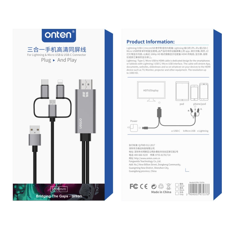Onten OTN-7537A 3 in 1 1080P Mobile HD Screen Player Adapter Cable(Grey) - free shipping - PMC TechLife - Order now!