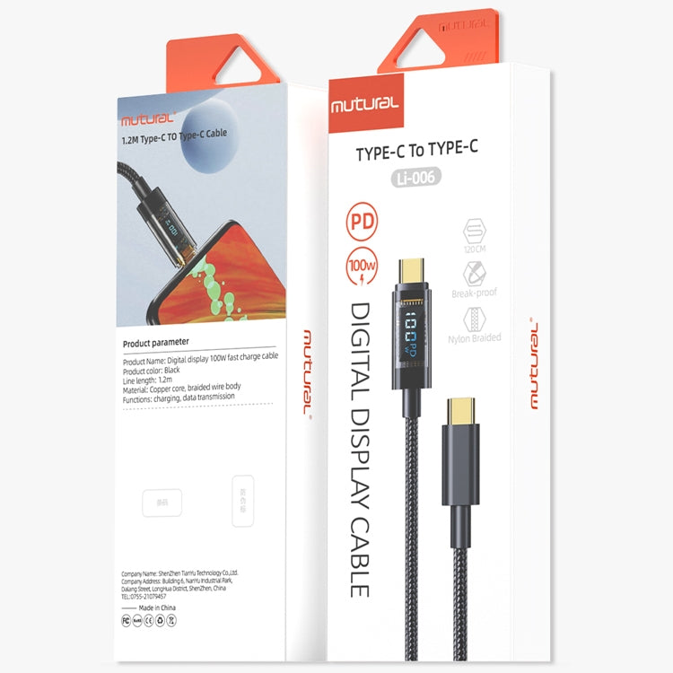 Mutural Li-CC006 1.2m 100W Transparent Digital Display USB-C / Type-C to Type-C Charging Data Cable - USB-C & Type-C Cable by Mutural | Online Shopping South Africa | PMC TechLife | Buy Now Pay Later Mobicred