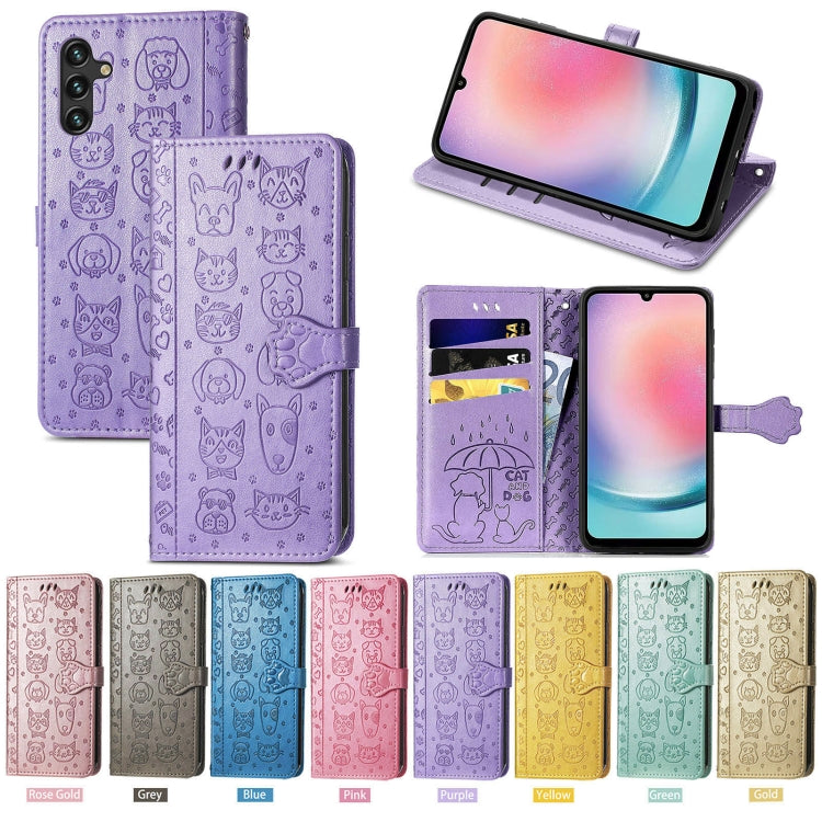 For Samsung Galaxy A24 4G Cute Cat and Dog Embossed Flip Leather Phone Case(Purple) - Galaxy Phone Cases by PMC TechLife | Online Shopping South Africa | PMC TechLife