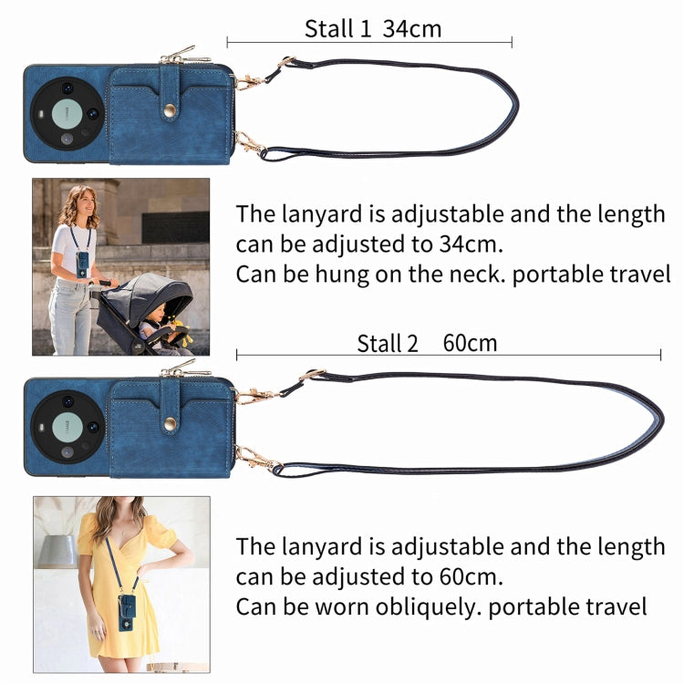 For Huawei Mate 60 Pro Crossbody Multi-function Zipper Wallet Phone Case(Blue) - Huawei Cases by PMC TechLife | Online Shopping South Africa | PMC TechLife | Buy Now Pay Later Mobicred