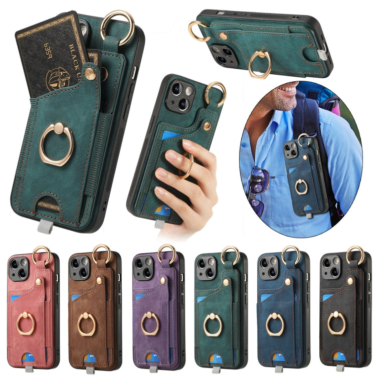 For iPhone 16e Retro Skin-feel Ring Card Bag Phone Case with Hang Loop(Green) - iPhone 16e Cases by PMC TechLife | Online Shopping South Africa | PMC TechLife | Buy Now Pay Later Mobicred
