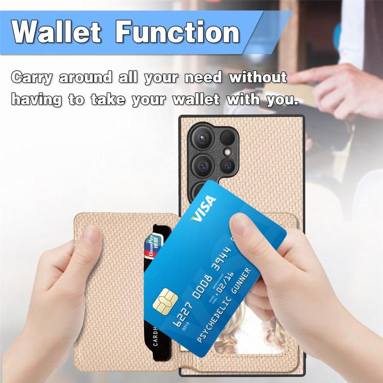 For Samsung Galaxy S25 5G Carbon Fiber Magnetic Card Wallet RFID Blocking Phone Case(Khaki) - free shipping - PMC Jewellery - Order now!