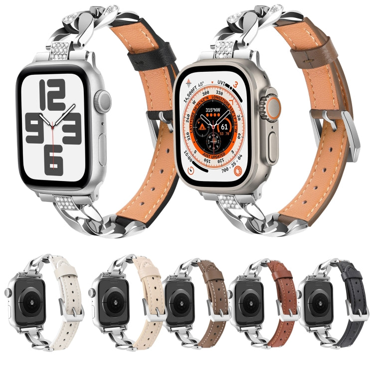 For Apple Watch Series 7 41mm Rhinestone Denim Chain Leather Watch Band(Brown) - Watch Bands by PMC TechLife | Online Shopping South Africa | PMC TechLife | Buy Now Pay Later Mobicred