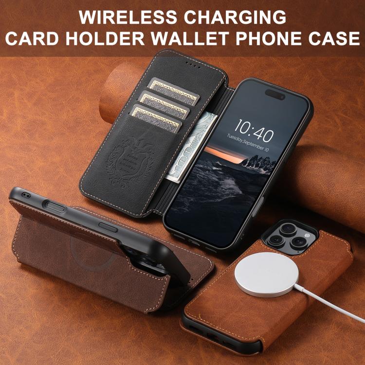 For iPhone 15 Plus Suteni J06 Retro Matte Litchi Texture Leather MagSafe Phone Case(Black) - free shipping - PMC Jewellery - Order now!