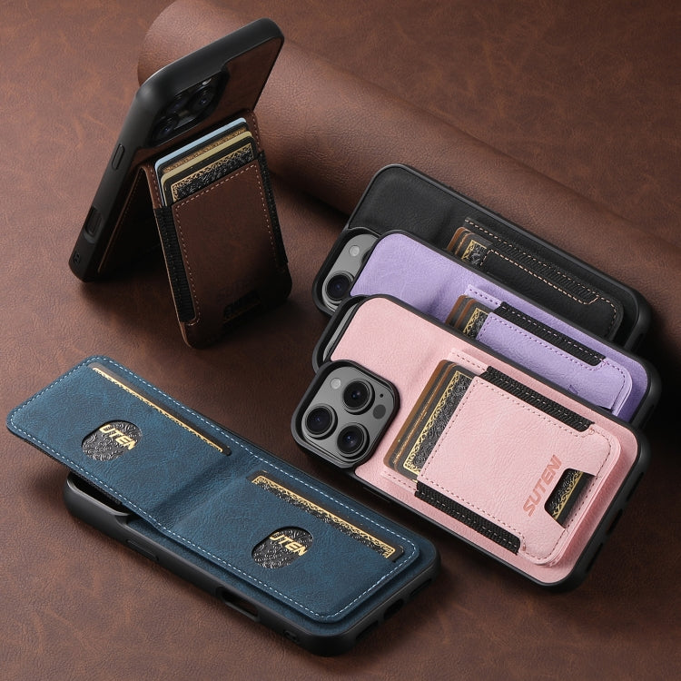 For iPhone 16 Pro Max Suteni H03 Litchi Leather Card Bag Stand Back Phone Case(Purple) - free shipping - PMC Jewellery - Order now!