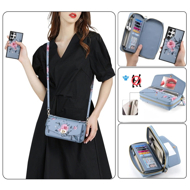 For Samsung Galaxy S24 5G Flower Multi-functional Crossbody Zipper Wallet Leather Phone Case(Blue) - Galaxy S24 5G Cases by PMC Jewellery | Online Shopping South Africa | PMC Jewellery | Buy Now Pay Later Mobicred