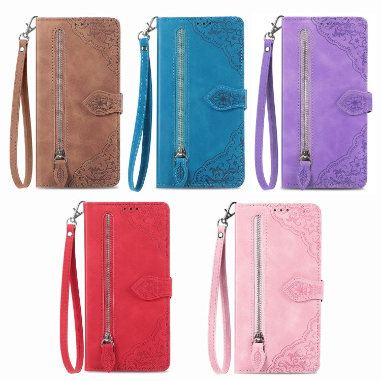 For Motorola Moto G Play 2024 Embossed Flower Zipper Leather Phone Case(Brown) - Motorola Cases by PMC Jewellery | Online Shopping South Africa | PMC Jewellery | Buy Now Pay Later Mobicred
