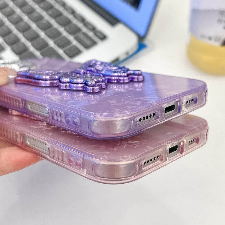 For iPhone 16e Plating Glitter Texture Butterfly Holder TPU Phone Case with Lens Film(Purple Shell Pattern) - free shipping - PMC TechLife - Order now!