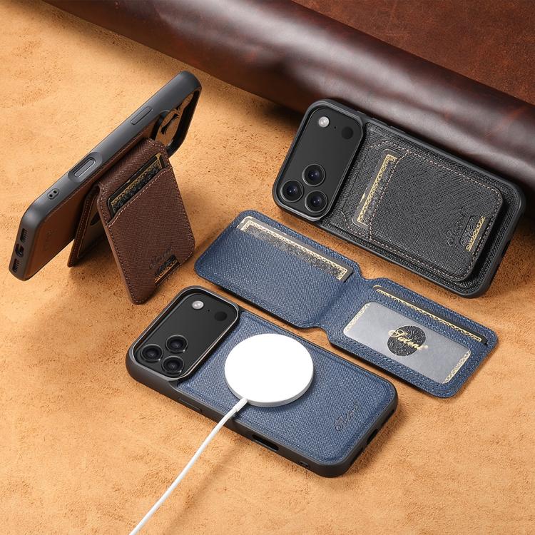 For iPhone 16 Suteni H18 Cross Grain MagSafe Wallet Leather Phone Case(Blue) - free shipping - PMC Jewellery - Order now!