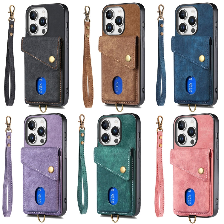 For iPhone 16e Retro Card Wallet Fold Leather Phone Case with Strap(Blue) - free shipping - PMC TechLife - Order now!
