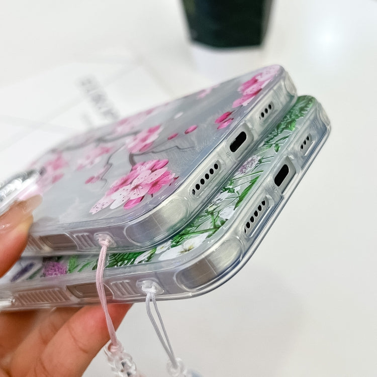 For iPhone 16e Electroplating Flowers Plants Texture Wristband TPU Phone Case(Lilac Flowers FL16) - iPhone 16e Cases by PMC TechLife | Online Shopping South Africa | PMC TechLife | Buy Now Pay Later Mobicred