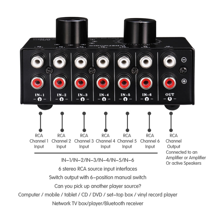 B016 6 Input 1 Output Audio Signal Source Selection Switcher, Output Volume Adjustment Control RCA Port - by PMC Jewellery | Online Shopping South Africa | PMC Jewellery | Buy Now Pay Later Mobicred
