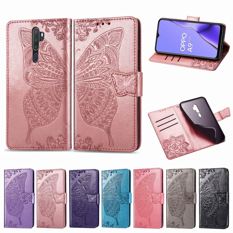 For OPPO A5 (2020) / A9 (2020) Butterfly Love Flower Embossed Horizontal Flip Leather Case with Bracket Lanyard Card Slot Wallet(Dark Purple) - OPPO Cases by PMC TechLife | Online Shopping South Africa | PMC TechLife | Buy Now Pay Later Mobicred