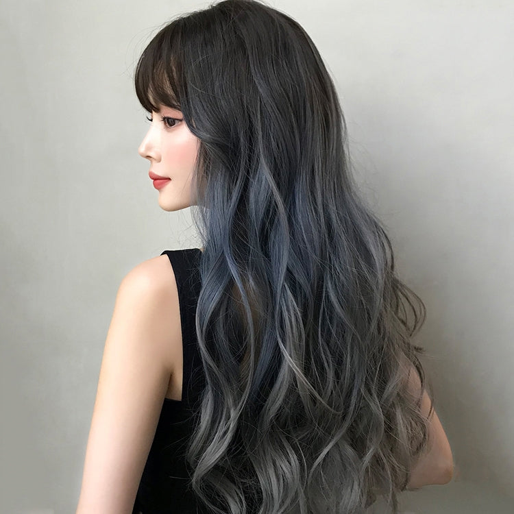 Wig Female Long Hair Big Wave Gradient Full Headgear(Gradient Fog Blue Gray 68CM) - free shipping - PMC TechLife - Order now!