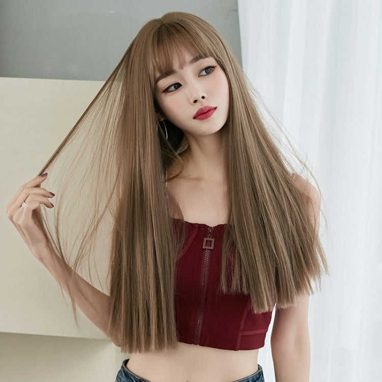 Wig Female Long Hair Full Headgear Straight Hair Natural Air Bangs Full Top Wig(Black Tea Color 58CM) - free shipping - PMC TechLife - Order now!
